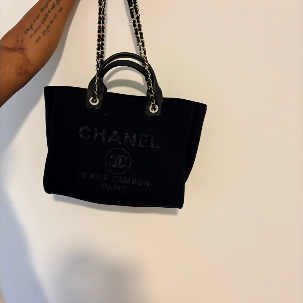 CHANEL Black Canvas Tote with Gold-Trim Chain Handles